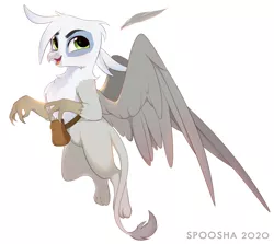 Size: 1878x1674 | Tagged: safe, artist:spoosha, derpibooru import, oc, oc:blake, unofficial characters only, gryphon, bag, flying, image, open mouth, png, simple background, smiling, solo, spread wings, white background, wings