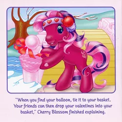 Size: 700x697 | Tagged: safe, artist:lyn fletcher, derpibooru import, cherry blossom (g3), basket, bridge, dexterous hooves, g3, headband, image, jpeg, official, river, scan, snow, stream, streamers, tree, valentine's day up up and away