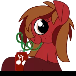 Size: 1800x1800 | Tagged: safe, artist:skookz, derpibooru import, oc, oc:cherry spirit, earth pony, pony, clothes, cute, drink, drinking, female, freckles, happy, image, looking at you, mare, png, silly straw, simple background, sitting, smiling, socks, soda, soda can, solo, straw, table, transparent background