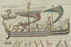 Size: 597x391 | Tagged: safe, artist:malte279, derpibooru import, gryphon, tails of equestria, bayeux tapestry, image, longship, pen and paper rpg, png, tapestry