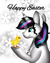 Size: 966x1200 | Tagged: safe, artist:rxndxm.artist, derpibooru import, oc, oc:shooting star, unofficial characters only, bird, chicken, pony, unicorn, female, happy easter, hoof hold, horn, image, jewelry, jpeg, mare, necklace, smiling, unicorn oc