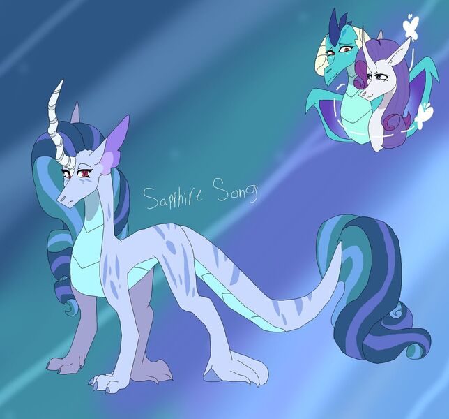 Size: 1280x1192 | Tagged: safe, artist:mayflower-mlp, derpibooru import, princess ember, rarity, oc, oc:sapphire song, dracony, dragon, hybrid, pony, unicorn, abstract background, curved horn, dragoness, emberity, female, horn, image, interspecies offspring, jpeg, lesbian, magical lesbian spawn, offspring, parent:princess ember, parent:rarity, parents:emberity, quadrupedal, shipping
