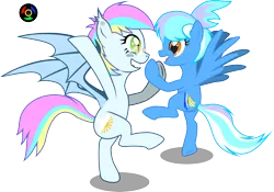 Size: 4356x3043 | Tagged: safe, artist:kyoshyu, derpibooru import, oc, oc:eclaircie clearing, oc:wind sail, unofficial characters only, bat pony, pegasus, pony, bipedal, dancing, duo, duo female, female, image, mare, open mouth, png, simple background, standing, standing on one leg, transparent background, vector