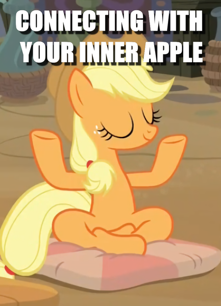 Size: 755x1047 | Tagged: safe, derpibooru import, screencap, applejack, a rockhoof and a hard place, appul, caption, female, image, image macro, meditating, png, text