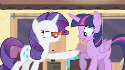 Size: 1280x720 | Tagged: safe, derpibooru import, screencap, rarity, twilight sparkle, twilight sparkle (alicorn), alicorn, pony, unicorn, rarity takes manehattan, female, glasses, image, mare, png, pointing