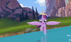 Size: 281x167 | Tagged: safe, derpibooru import, edit, edited screencap, screencap, twilight sparkle, twilight sparkle (alicorn), alicorn, pony, my little pony: the movie, accessories, animated, bridge, crown, female, flying, gif, image, jewelry, lake, logo, loop, mare, movie, regalia, reversed, solo focus, spread wings, water, we got this together, wings
