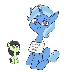 Size: 536x580 | Tagged: suggestive, artist:happy harvey, derpibooru import, trixie, oc, oc:anonfilly, earth pony, pony, unicorn, angry, chest fluff, colored pupils, cork, drawn on phone, female, filly, fluids, horn, horn guard, image, implied foalcon, implied sex, png, pony shaming, sign, simple background, smug, transparent background, underage