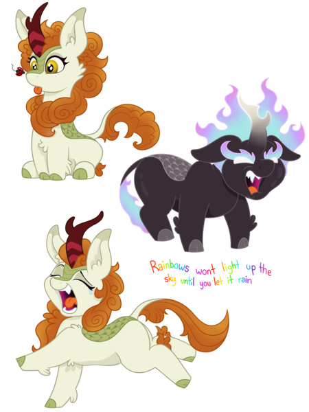 Size: 3024x4032 | Tagged: safe, artist:wispy tuft, derpibooru import, autumn blaze, insect, kirin, ladybug, nirik, :p, angry, awwtumn blaze, cloven hooves, crying, cute, dialogue, eyes closed, fire, floppy ears, grumpy, image, lonely, open mouth, png, simple background, singing, skipping, solo, teary eyes, teeth, tongue out, transparent background