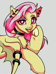 Size: 3144x4096 | Tagged: safe, artist:lukrxx, derpibooru import, fluttershy, bat pony, pony, bat ponified, chest fluff, choker, ear piercing, earring, fangs, flutterbat, frog (hoof), hoofbutt, image, jewelry, jpeg, piercing, race swap, raspberry, solo, tongue out, underhoof