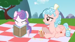 Size: 1280x720 | Tagged: safe, artist:darkgloones, derpibooru import, cozy glow, princess flurry heart, a better ending for cozy, book, duo, duo female, female, food, image, older, older cozy glow, older flurry heart, picnic blanket, png, popcorn