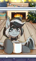 Size: 225x381 | Tagged: safe, artist:tigra0118, derpibooru import, oc, unofficial characters only, bat pony, pony, bat pony oc, bat wings, bowtie, christmas, christmas tree, female, fire, fireplace, holiday, image, mug, pixel art, png, snow, snowfall, solo, tree, wings