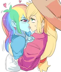 Size: 1500x1764 | Tagged: suggestive, artist:ceitama, derpibooru import, applejack, rainbow dash, equestria girls, appledash, clothes, female, french kiss, heart eyes, image, kissing, lesbian, png, shipping, wingding eyes