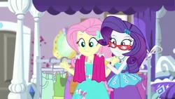 Size: 1920x1080 | Tagged: safe, derpibooru import, screencap, fluttershy, rarity, costume conundrum, equestria girls, equestria girls series, spoiler:eqg series (season 2), costume conundrum: rarity, female, geode of fauna, geode of shielding, glasses, hairpin, image, magical geodes, png, rarity's glasses