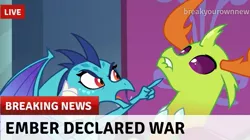 Size: 599x336 | Tagged: safe, derpibooru import, edit, edited screencap, screencap, princess ember, thorax, changedling, changeling, dragon, school daze, breaking news, break your own news, image, jpeg, king thorax, lip bite, open mouth, pointing, war