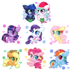 Size: 1024x1024 | Tagged: safe, artist:sunshineshiny, derpibooru import, applejack, fluttershy, pinkie pie, princess celestia, princess luna, rainbow dash, rarity, twilight sparkle, twilight sparkle (alicorn), alicorn, earth pony, pegasus, pony, unicorn, blushing, bow, candy, candy cane, cheek fluff, chibi, christmas, colored pupils, female, food, hair accessory, hair bow, hat, heart, heart eyes, holiday, image, mane six, open mouth, png, present, royal sisters, santa hat, siblings, simple background, sisters, smiling, snow, snow globe, snowflake, transparent background, wingding eyes