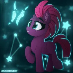 Size: 3000x3000 | Tagged: safe, artist:alexbefest, derpibooru import, tempest shadow, pony, unicorn, blank flank, blue, broken horn, cute, ear fluff, eye scar, female, filly, filly tempest shadow, high res, horn, image, jpeg, raised hoof, scar, scar on the wrong side, simple background, solo, stars, tempestbetes, younger