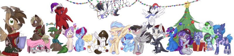 Size: 4096x983 | Tagged: safe, artist:littleblackraencloud, derpibooru import, oc, oc:aspen, oc:banban, oc:blue (redemptiablue), oc:brittneigh ackermane, oc:cinnabyte, oc:cinnamon swirl, oc:double colon, oc:equinox (equinox3141), oc:gallant facade, oc:hiyo licious, oc:john kenza, oc:moon ray, oc:moonfire, oc:moonfire eclipse, oc:offbeat, oc:paper trail, oc:realfeeler, oc:rosetta spring, oc:sweet tooth, oc:windshear, unofficial characters only, bat pony, deer, deer pony, earth pony, kirin, original species, pegasus, pony, unicorn, bedroom eyes, blushing, christmas, christmas lights, christmas ornament, christmas tree, clothes, coffee cup, cookie, crossed hooves, crying, cup, decoration, drinking, english, eye clipping through hair, eyebrows visible through hair, fangs, flying, food, gag, group, hat, holiday, horn, image, jack skellington, jpeg, looking at each other, looking at you, lying down, magic, mistletoe, mug, open mouth, patreon, patreon reward, present, santa hat, scarf, scrunchy face, sitting, snowman, spread wings, sweater, table, tangled up, tape, tape gag, tears of joy, text, tree, wings