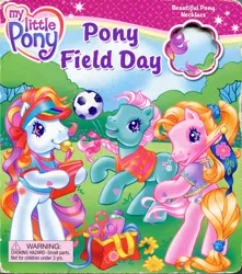 Size: 1280x1450 | Tagged: safe, artist:heckyeahponyscans, artist:lyn fletcher, derpibooru import, official, cupcake (g3), minty, sunny daze (g3), earth pony, pony, bag, bipedal, blowing, blowing whistle, book, braid, bubble, bubble wand, clipboard, clothes, cover, cover page, dandelion, female, flag, flower, flying, g3, image, jpeg, jump rope, kicking, liquid soap, official book, pony field day, ponytail, ribbon, scrunchie, soap, soccer ball (object), t-shirts, trio, trio female, visor, whistle