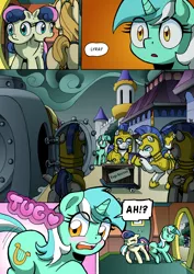 Size: 2408x3400 | Tagged: safe, artist:tarkron, author:bigonionbean, derpibooru import, bon bon, lyra heartstrings, sweetie drops, earth pony, pony, unicorn, comic:fusing the fusions, comic:time of the fusions, armor, background pony, biting, blank flank, blushing, box, boxes, clock, clothes, comic, commissioner:bigonionbean, conductor, cutie mark, dialogue, female, filly, glasses, image, male, mare, maw, mother and child, mother and daughter, png, random pony, royal guard, royal guard armor, security guard, stallion, storm, tail, tail bite, tail pull, top secret, train, train station, whistle