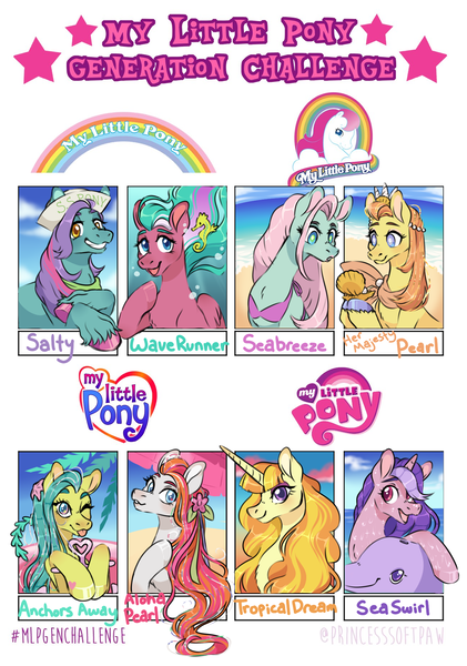 Size: 1305x1860 | Tagged: safe, artist:polymercorgi, derpibooru import, anchors away, salty (g1), sea breeze (g2), sea swirl, seafoam, tropical dream, wave runner, dolphin, pony, sea pony, seahorse, six fanarts, aloha pearl, g1, g1 to g4, g2, g2 to g4, g3, g3 to g4, g4, generation challenge, generation leap, her majesty pearl, image, png, wet, wet mane