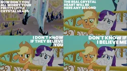 Size: 1986x1117 | Tagged: safe, derpibooru import, edit, edited screencap, editor:quoterific, screencap, applejack, rarity, earth pony, pony, unicorn, the crystal empire, applejack's hat, bipedal, bipedal leaning, cowboy hat, crystal empire, duo, grin, gritted teeth, hat, image, leaning, nervous, open mouth, png, smiling, teeth, waving