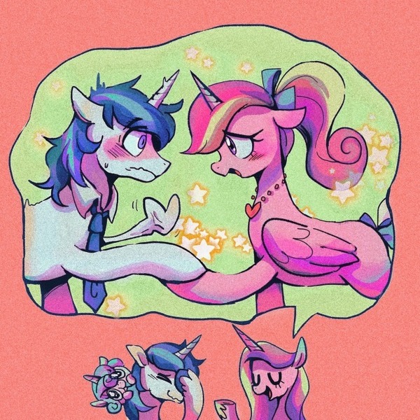 Size: 640x640 | Tagged: safe, artist:foresterrr, derpibooru import, idw, princess cadance, princess flurry heart, shining armor, alicorn, pony, unicorn, neigh anything, baby, baby pony, blushing, cute, eyes closed, facehoof, female, floppy ears, heartbeat, image, jewelry, jpeg, male, mare, necklace, necktie, open mouth, profile, shiningcadance, shipping, speech bubble, stallion, stars, straight, teen princess cadance, teen shining armor, younger