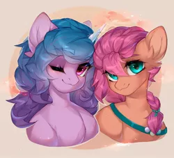 Size: 2048x1862 | Tagged: safe, artist:minekoo2, derpibooru import, izzy moonbow, sunny starscout, earth pony, pony, unicorn, my little pony: a new generation, bust, duo, ear fluff, female, g5, image, jpeg, looking at you, mare, one eye closed, portrait, wink