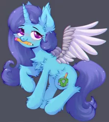 Size: 1248x1406 | Tagged: safe, artist:astralblues, derpibooru import, oc, pony, unicorn, chest fluff, cute, ear fluff, fluffy, hair, holding, image, jpeg, leg fluff, looking up, mane, pencil, prothesis, purple eyes, shy, solo, tail