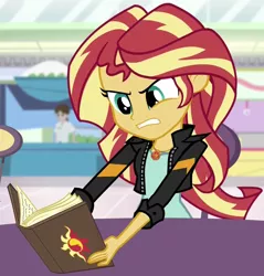 Size: 1022x1070 | Tagged: safe, derpibooru import, screencap, sunset shimmer, equestria girls, mirror magic, spoiler:eqg specials, angry, book, cropped, frustrated, image, png, solo, stressed