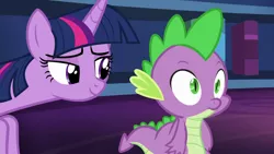 Size: 1920x1080 | Tagged: safe, derpibooru import, screencap, spike, twilight sparkle, twilight sparkle (alicorn), alicorn, dragon, pony, what about discord?, bookshelf, duo, female, image, lidded eyes, male, mare, out of context, png, tonight you