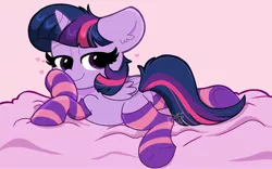 Size: 2048x1280 | Tagged: safe, artist:kittyrosie, derpibooru import, twilight sparkle, twilight sparkle (alicorn), alicorn, pony, blanket, clothes, cute, ear fluff, female, heart, image, jpeg, looking at you, lying down, mare, pink background, prone, simple background, socks, solo, stockings, striped socks, thigh highs, twiabetes