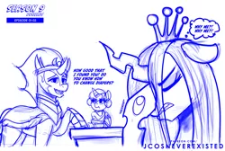 Size: 1024x689 | Tagged: safe, artist:jcosneverexisted, derpibooru import, king sombra, princess flurry heart, queen chrysalis, changeling, pony, the beginning of the end, angry, baby, dialogue, facepalm, female, flurry heart is not amused, image, jpeg, male, queen chrysalis is not amused, season 9 doodles, stallion, unamused