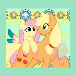 Size: 933x933 | Tagged: safe, artist:mysteriousdollart, derpibooru import, applejack, fluttershy, earth pony, pegasus, pony, appleshy, body freckles, colored hooves, colored wings, female, freckles, image, jpeg, lesbian, looking at each other, multicolored wings, shipping, wings