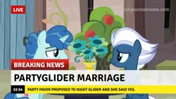 Size: 1280x720 | Tagged: safe, derpibooru import, edit, edited screencap, screencap, night glider, party favor, pegasus, pony, unicorn, break your own news, breaking news, female, image, looking at each other, male, mare, partyglider, png, shipping, smiling, stallion, straight