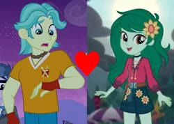 Size: 1238x882 | Tagged: safe, derpibooru import, edit, screencap, brawly beats, wallflower blush, equestria girls, equestria girls (movie), equestria girls series, let it rain, spoiler:eqg series (season 2), brawlyblush, clothes, crack shipping, cropped, cute, female, flower, flower in hair, flowerbetes, freckles, heart, image, looking at you, male, music festival outfit, png, shipping, shipping domino, shorts, smiling, straight