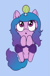 Size: 927x1388 | Tagged: safe, artist:craftycirclepony, derpibooru import, izzy moonbow, pony, unicorn, g5, blue background, cute, ear fluff, featureless crotch, female, filly, gradient mane, hooves to the chest, horn, horn guard, horn impalement, hornball, image, izzy's tennis ball, looking up, lying down, on back, open mouth, png, simple background, solo, spread legs, spreading, tennis ball, underhoof, unshorn fetlocks, younger