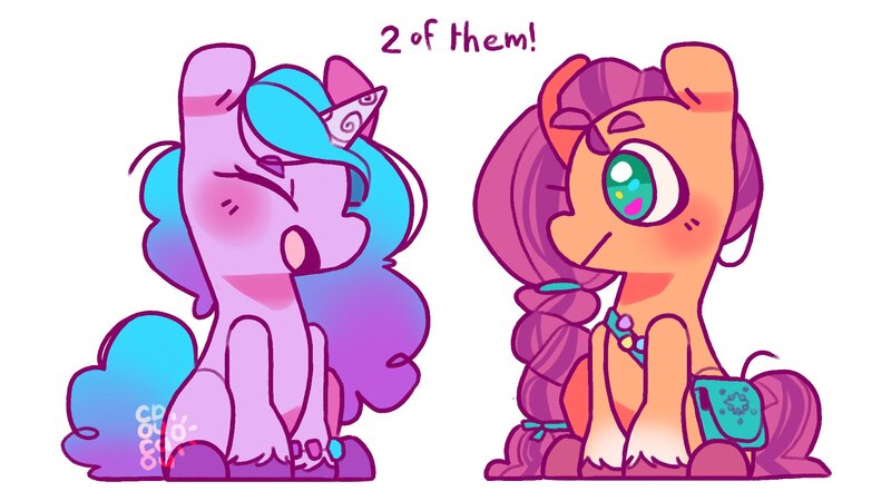 Size: 2000x1125 | Tagged: safe, artist:cocopudu, derpibooru import, izzy moonbow, sunny starscout, earth pony, pony, unicorn, badge, bag, blushing, bracelet, braid, cute, dialogue, duo, eyes closed, female, g5, image, izzybetes, jewelry, jpeg, mare, open mouth, simple background, sitting, sunnybetes, text, unshorn fetlocks, white background