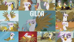 Size: 1978x1113 | Tagged: safe, derpibooru import, edit, edited screencap, editor:quoterific, screencap, gabby, gilda, grampa gruff, grizzle, pinkie pie, rainbow dash, earth pony, gryphon, pegasus, pony, griffon the brush off, the fault in our cutie marks, the hearth's warming club, the lost treasure of griffonstone, eyes closed, female, image, male, open mouth, png, shocked, solo, teeth, trio, trio female, yelling, younger
