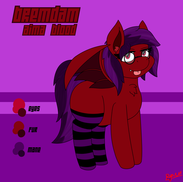 Size: 3049x3024 | Tagged: safe, artist:ryanthecone, derpibooru import, oc, oc:aima, unofficial characters only, bat pony, vampire, vampony, chest fluff, clothes, commission, glasses, image, png, reference sheet, socks, solo, striped socks, tongue out