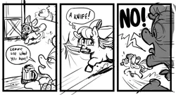 Size: 1500x812 | Tagged: safe, artist:simondrawsstuff, derpibooru import, apple bloom, granny smith, earth pony, pony, cider mug, comic, grayscale, image, jpeg, knife, meme, monochrome, mouth hold, mug, no, ponified meme, running, sketch, vine video