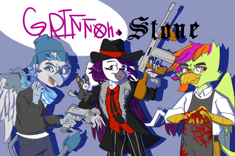 Size: 2880x1920 | Tagged: semi-grimdark, artist:xasslash, derpibooru import, oc, oc:flynn the icecold, oc:frame gravity, oc:the doll, anthro, gryphon, anthro oc, bandana, blood, clothes, gangster, griffon oc, gun, hat, image, jpeg, mafia, simple background, text, tommy gun, weapon