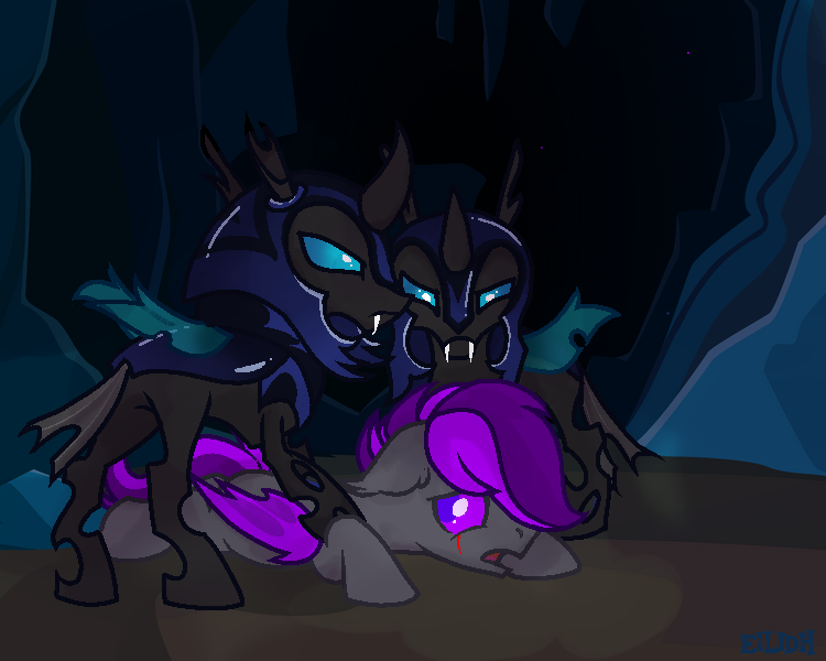 Size: 750x600 | Tagged: safe, derpibooru import, oc, oc:moonlight thunder, unofficial characters only, bat pony, changeling, pony, captured, changeling guard, changeling hive, detailed background, floppy ears, image, looking back, lying down, png, scared