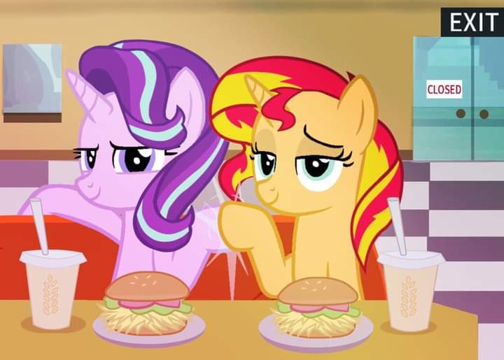 Size: 720x515 | Tagged: source needed, safe, derpibooru import, starlight glimmer, sunset shimmer, pony, unicorn, burger, diner, duo, fast food, fast food restaurant, female, food, hay burger, hoofbump, image, jpeg, looking back, mare