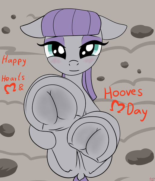 Size: 3600x4200 | Tagged: suggestive, artist:littlenaughtypony, derpibooru import, maud pie, earth pony, pony, blushing, commission, dirty hooves, female, fetish, floppy ears, frog (hoof), hearts and hooves day, hoof fetish, hoofbutt, image, jpeg, looking at you, rock, smiling, solo, underhoof, when she smiles, your character here