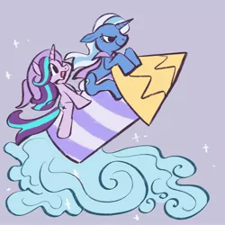 Size: 2048x2048 | Tagged: safe, artist:kindofmax, derpibooru import, starlight glimmer, trixie, pony, unicorn, cape, clothes, duo, female, gray background, image, jpeg, mare, rocket, simple background, toy interpretation, trixie's rocket