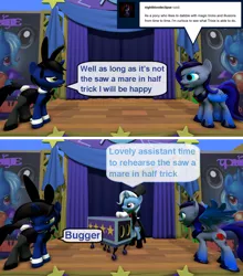 Size: 1024x1163 | Tagged: safe, artist:out-buck-pony, derpibooru import, trixie, oc, oc:nightblood eclipse, oc:true blue, alicorn, pony, unicorn, 3d, bunny suit, clothes, comic, cuffs (clothes), female, image, magician outfit, mare, png, rule 63, source filmmaker, stage