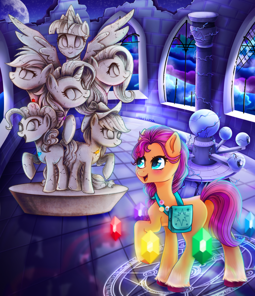 Size: 2092x2432 | Tagged: safe, artist:meqiopeach, derpibooru import, applejack, fluttershy, pinkie pie, rainbow dash, rarity, sunny starscout, twilight sparkle, twilight sparkle (alicorn), alicorn, earth pony, pegasus, pony, unicorn, castle, castle of the royal pony sisters, crown, cute, dashabetes, diamonds, element of generosity, element of honesty, element of kindness, element of laughter, element of loyalty, element of magic, elements of harmony, figure, g5, glow, image, jewelry, light, magic, mane six, night, older, open mouth, png, regalia, ruins, shine, spell, statue, stone, window