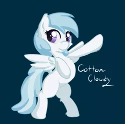 Size: 535x533 | Tagged: safe, artist:alazak, derpibooru import, cotton cloudy, pegasus, pony, bipedal, blue background, chest fluff, ear fluff, female, filly, hoof fluff, hooves, hooves up, image, png, raised hoof, signature, simple background, smiling, solo, underhoof