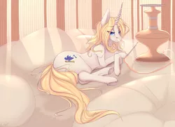 Size: 3600x2600 | Tagged: safe, artist:chapaevv, derpibooru import, oc, oc:blue haze, pony, unicorn, blonde, commission, female, hookah, image, looking at you, lying down, mare, pillow, png, smoking, solo