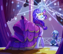 Size: 2500x2142 | Tagged: safe, artist:sirmasterdufel, derpibooru import, hoity toity, rarity, earth pony, pony, unicorn, suited for success, carousel boutique, clapping, clothes, dignified wear, dress, duo, eyes closed, female, gala dress, glasses, glowing horn, horn, image, jpeg, male, mare, mlp fim's tenth anniversary, scene interpretation, smiling, stallion, underhoof